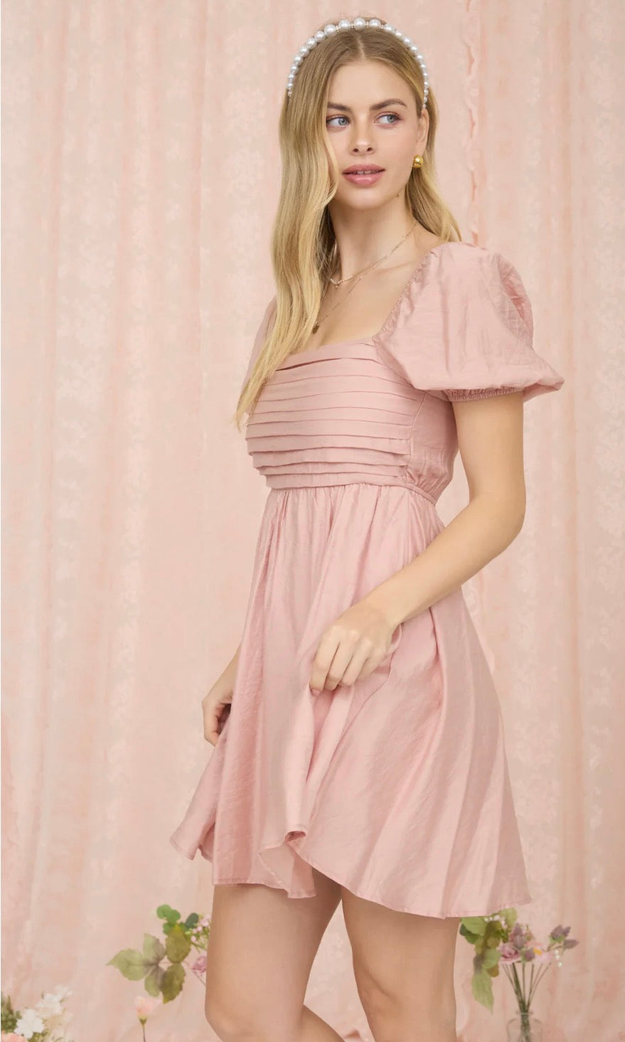 Pleated Top Puff Sleeve Mini Dress - Dusty Peach