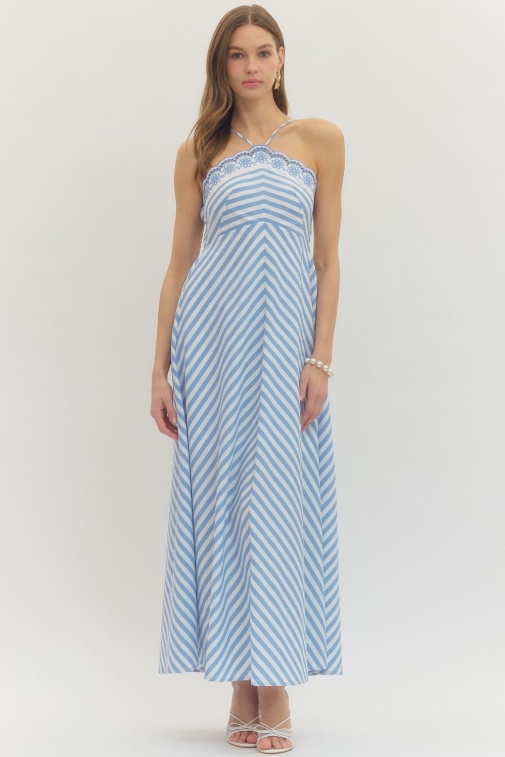 Striped Embroidered Halter Maxi Dress - Light Blue