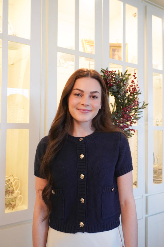 Old Money Navy Cropped Button Down Knit Top