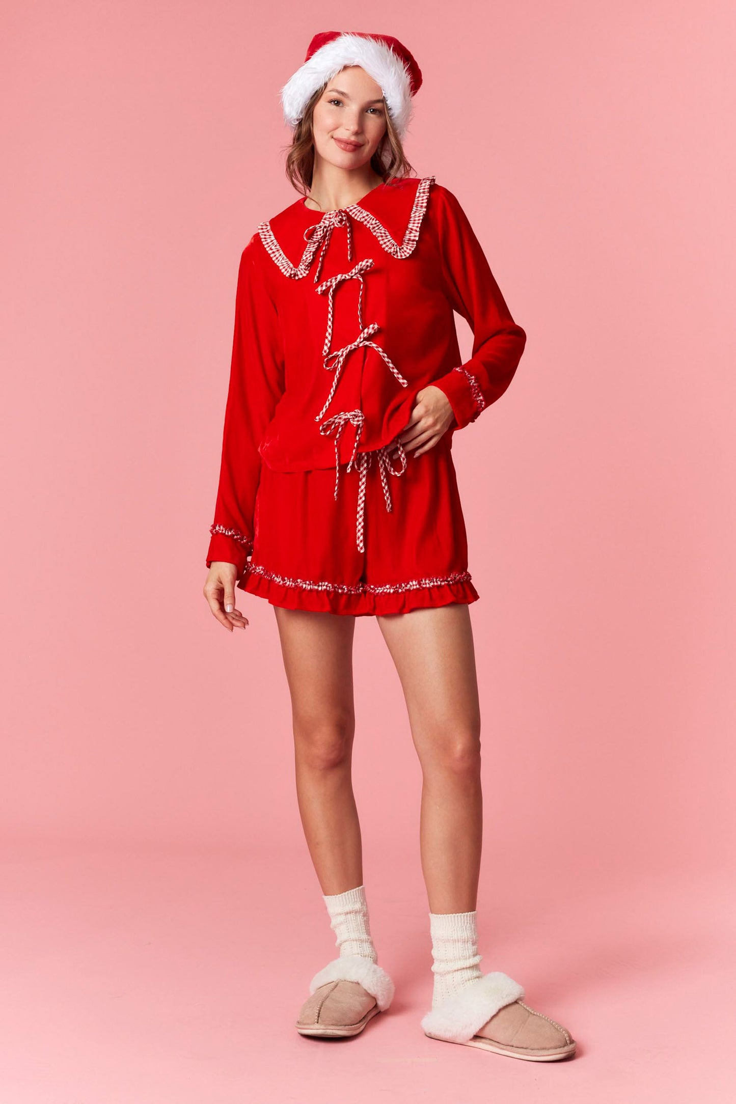 Red Velvet Gingham Ruffled Pj Set