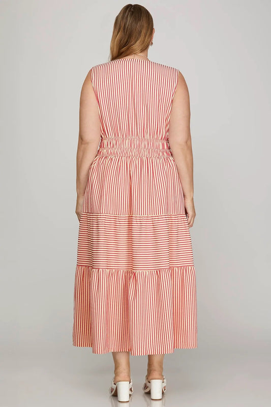Beautiful Day Sleeveless Striped Midi Dress - Red
