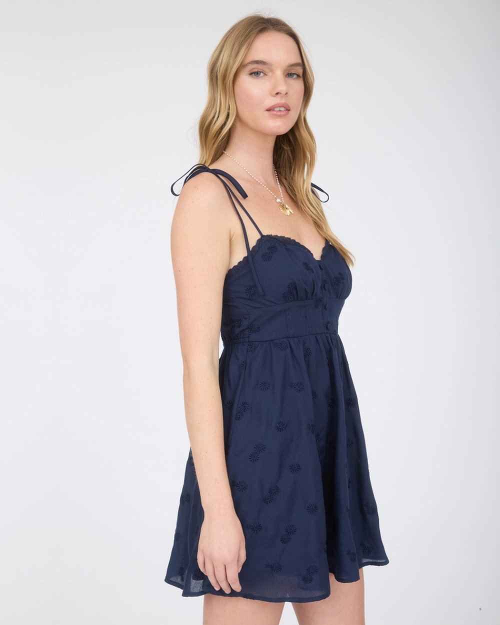 Floral Embroidery Tie Strap Mini Dress - Navy
