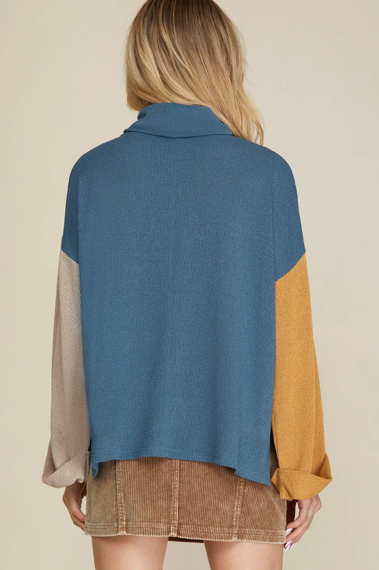 Dusty Blue Knit Color Block Top