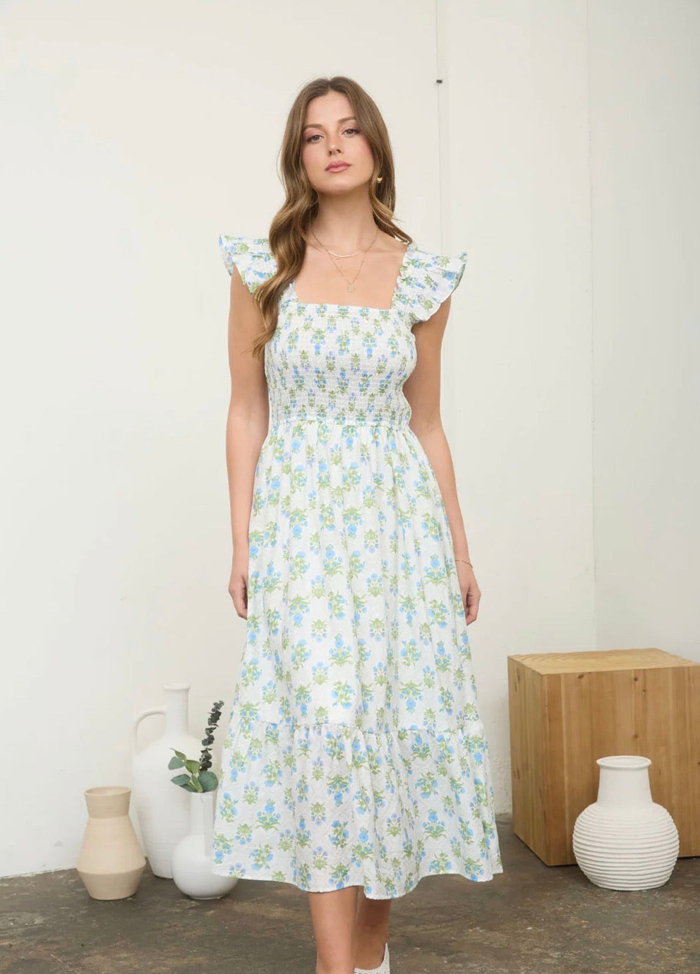Floral Tile Pattern Smocked Sleeveless Midi Dress-Blue Multi