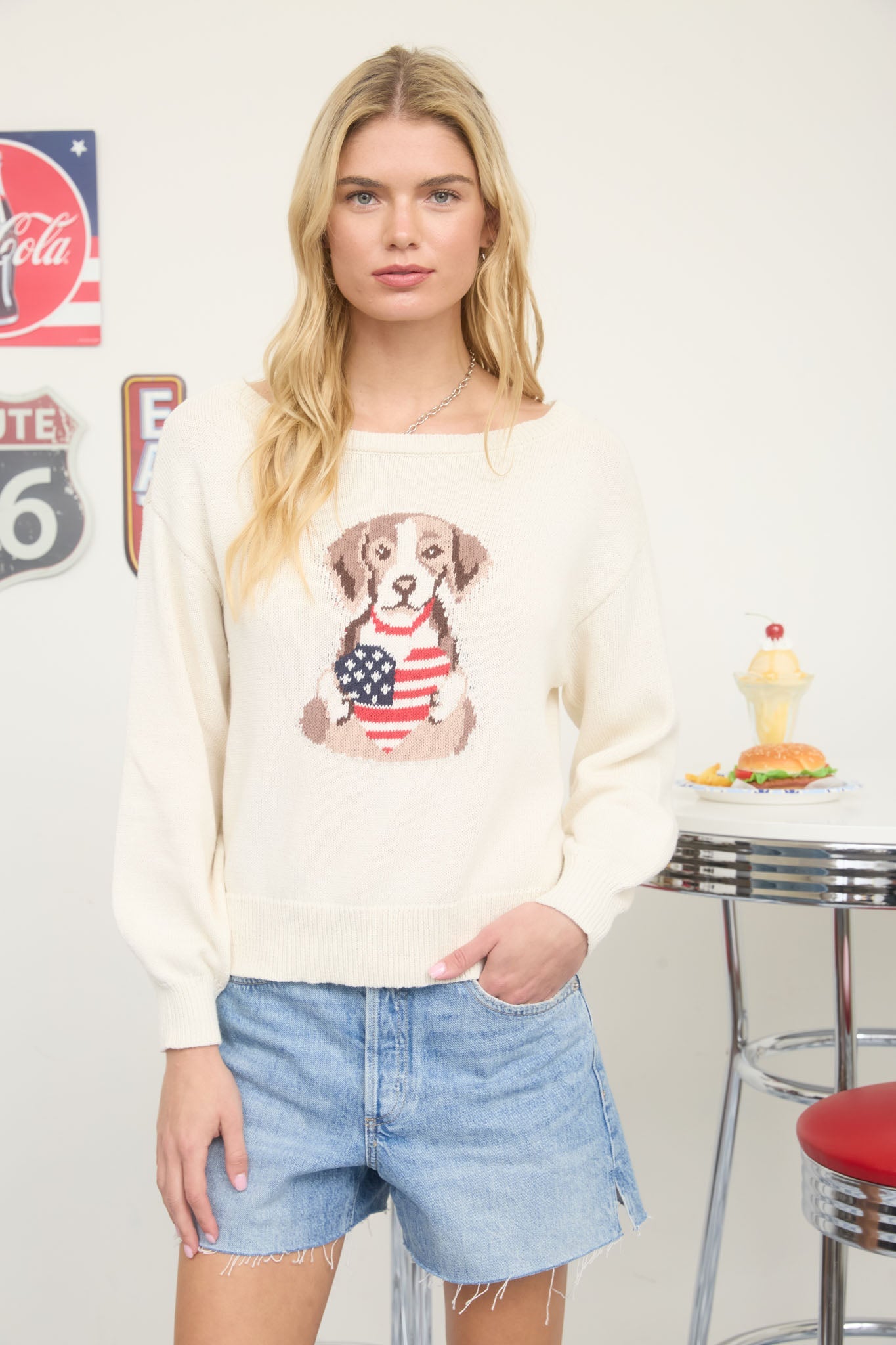 American Flag Puppy Sweater Top - Ivory