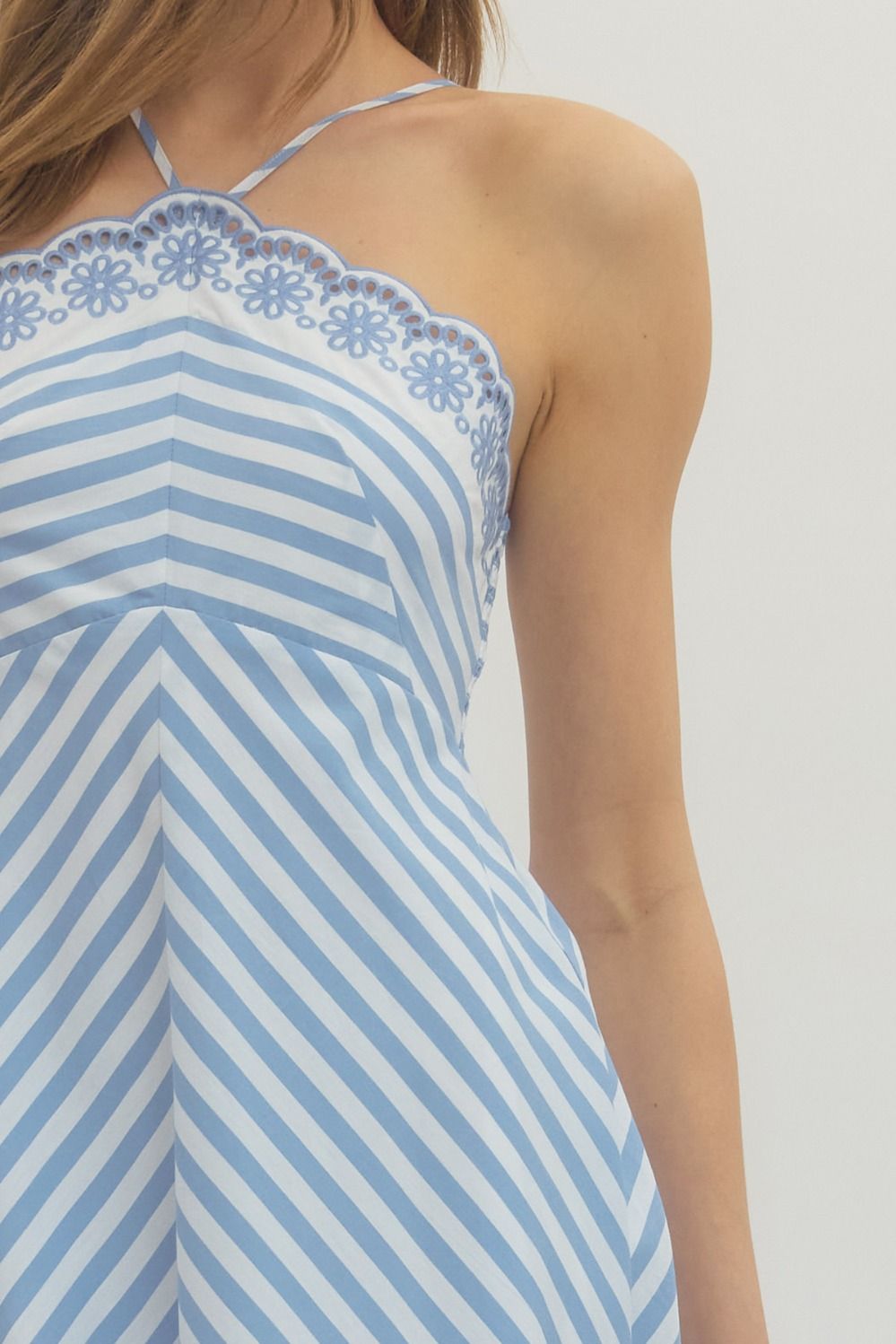Striped Embroidered Halter Maxi Dress - Light Blue