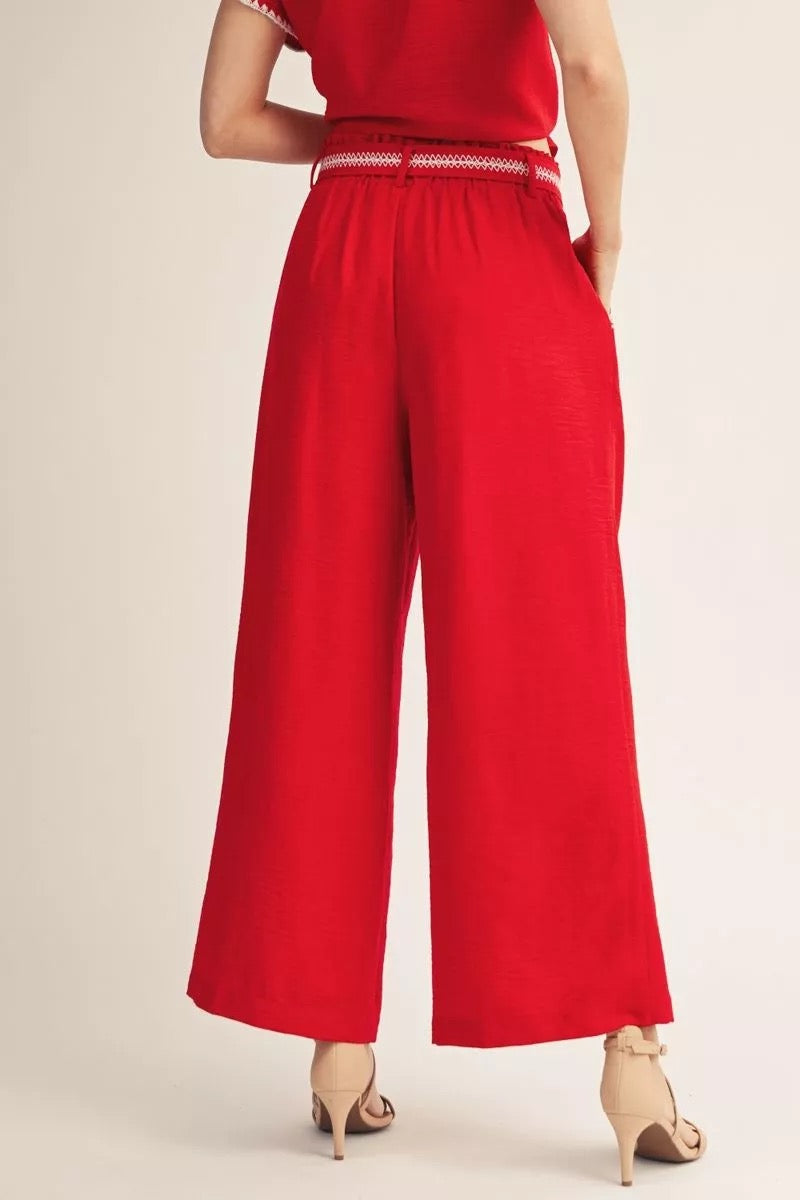 Red Pant Set With White Scallop Embroidery Trim
