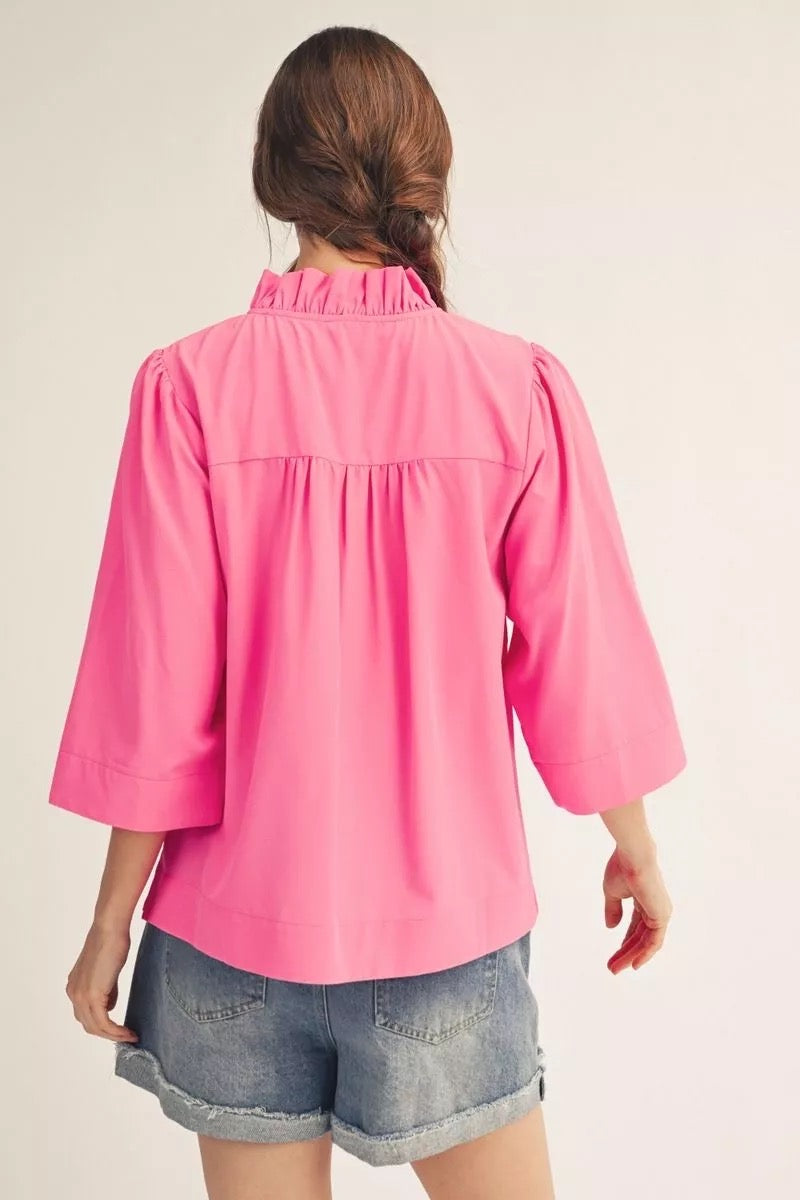 Hot Pink Ruffle Neck 3/4 Sleeve Top