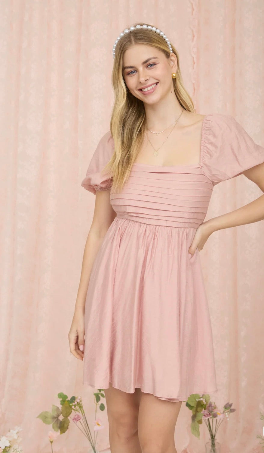 Pleated Top Puff Sleeve Mini Dress - Dusty Peach