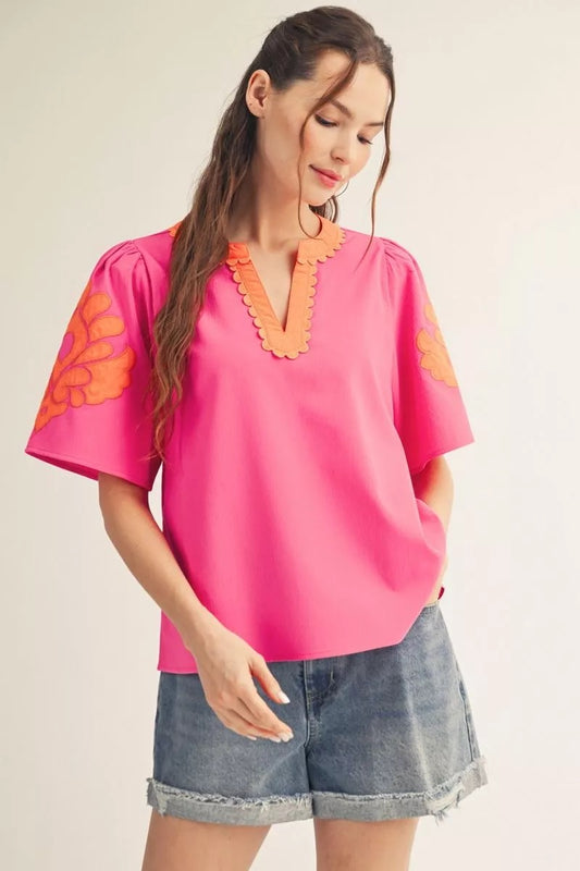Olivia Puff Sleeve Top With Scallop Details - Pink/Orange