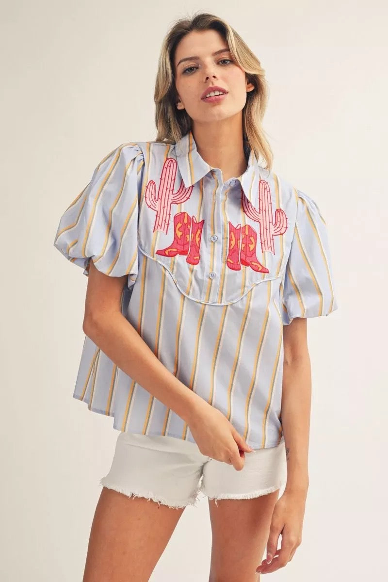 Blue Striped Embroidered Western Top