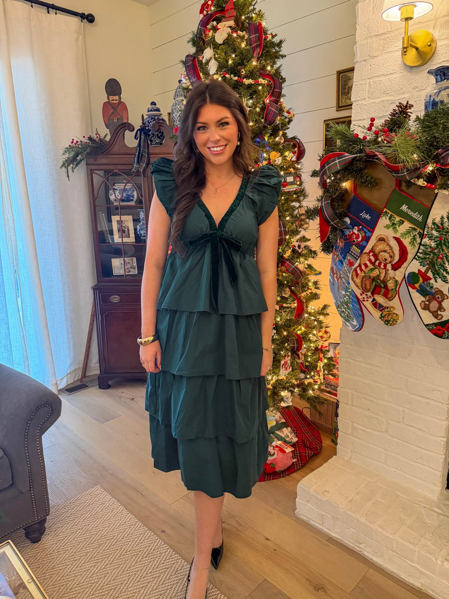 Hunter Green Layered Ruffle Dress With Velvet Details