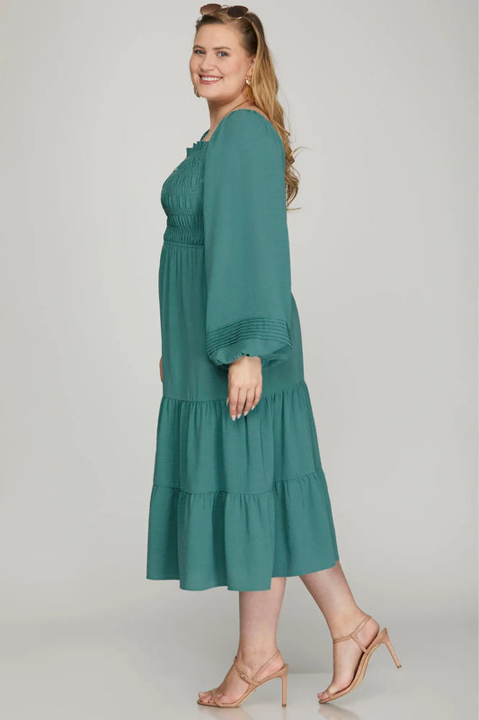 Long Sleeve Smocked Midi Dress - Dusty Slate