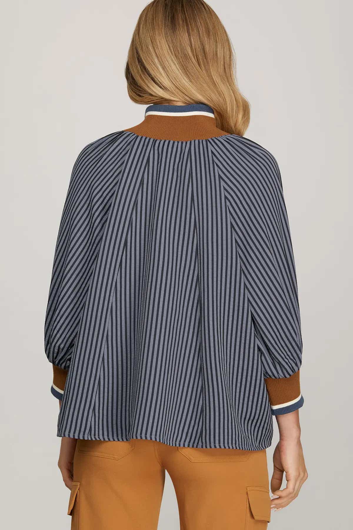 3/4 Sleeve Half Zip Striped Top - Navy/Brown