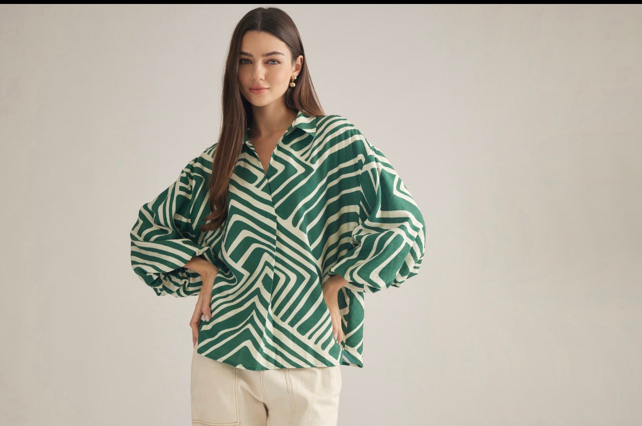 Geometric Green Blouse With Balloon Sleeves