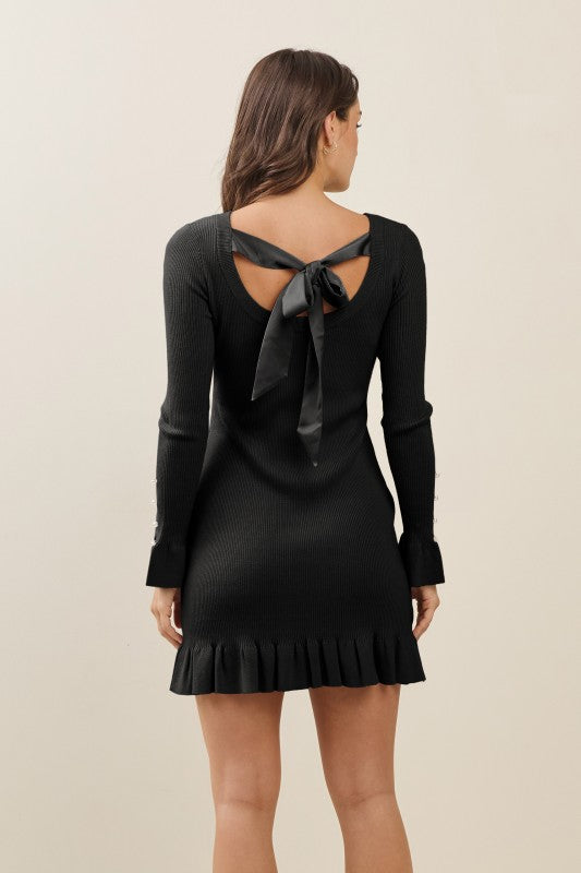 Black Open Back Satin Bow Mini Sweater Dress