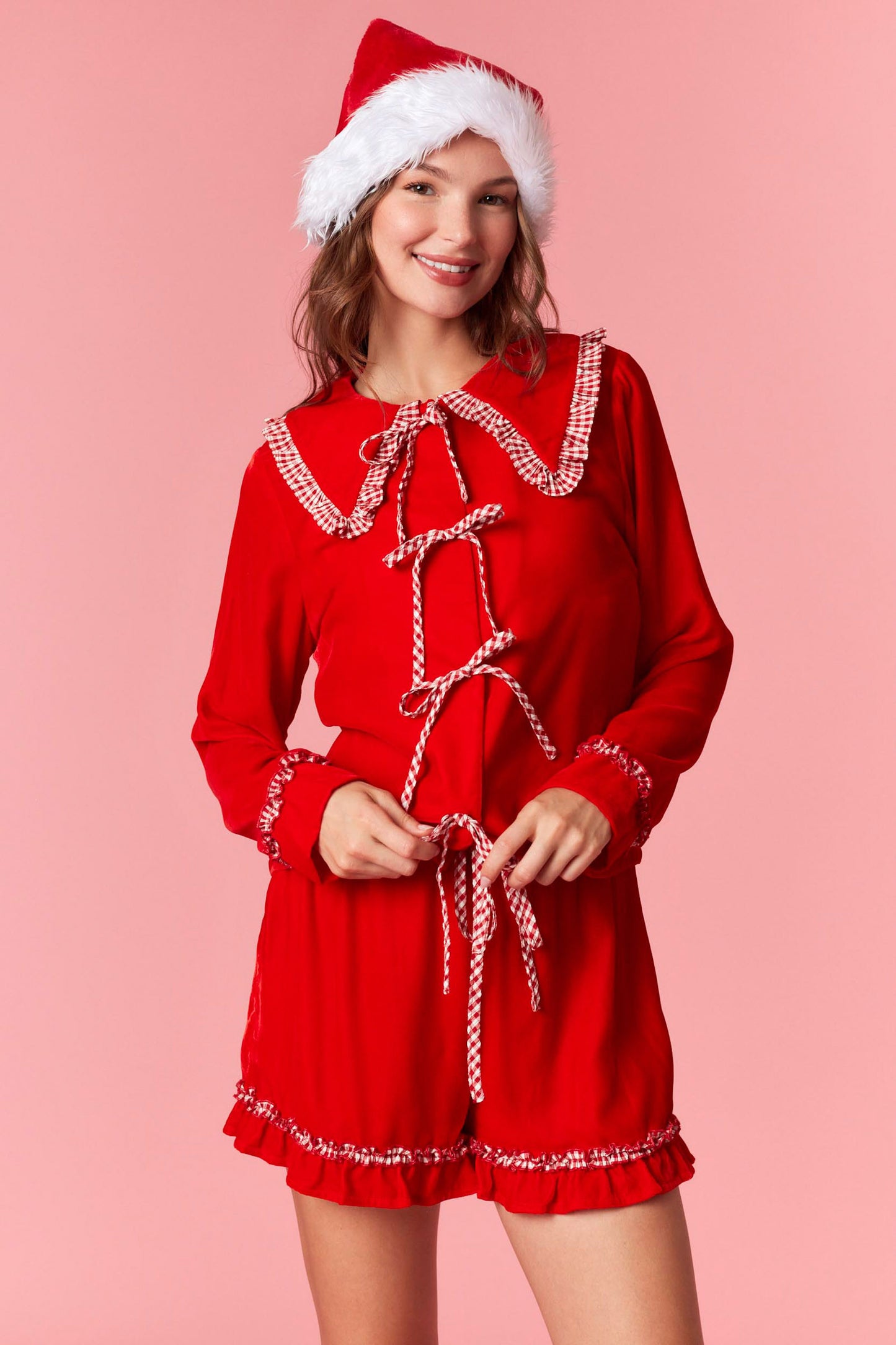 Red Velvet Gingham Ruffled Pj Set