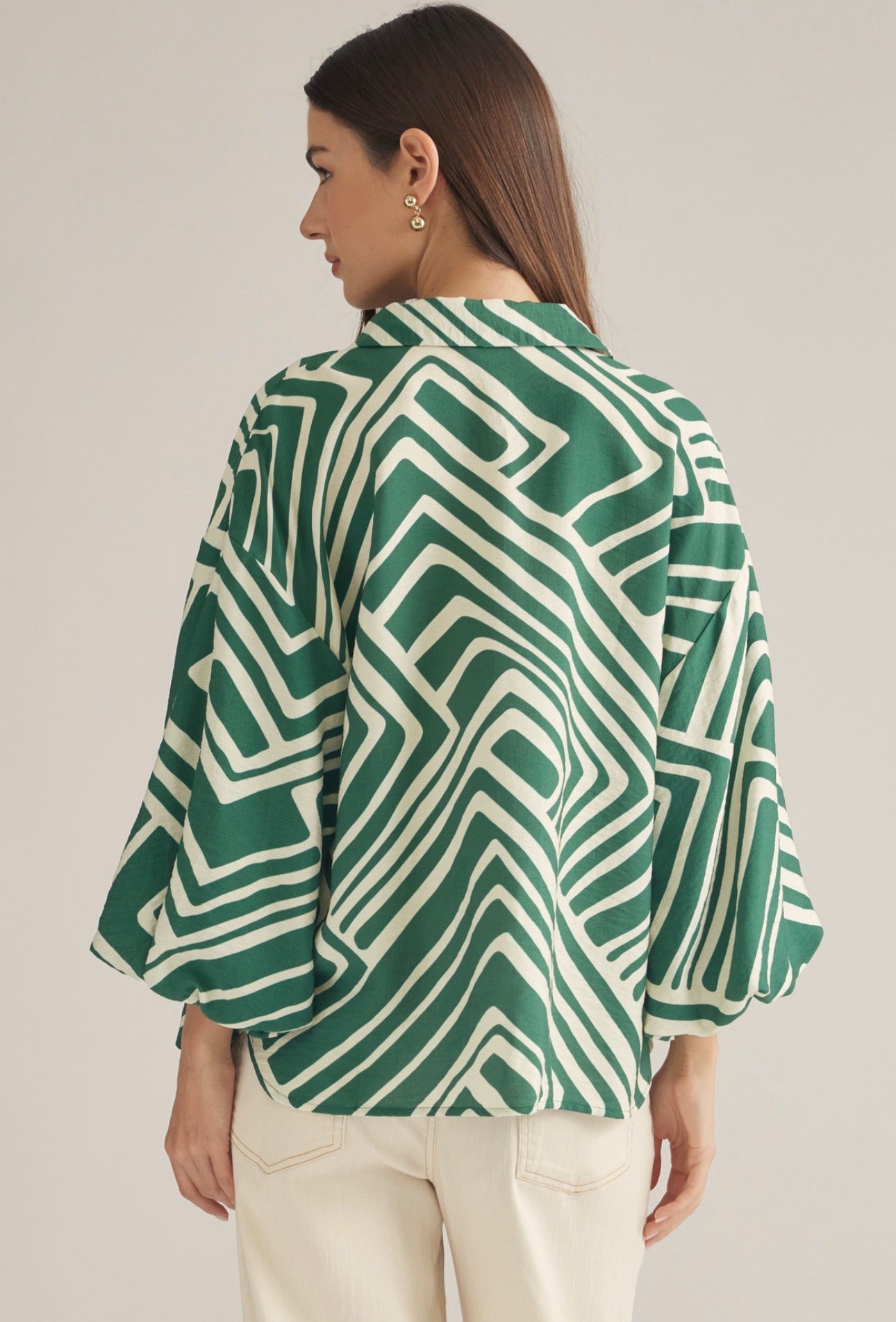 Geometric Green Blouse With Balloon Sleeves