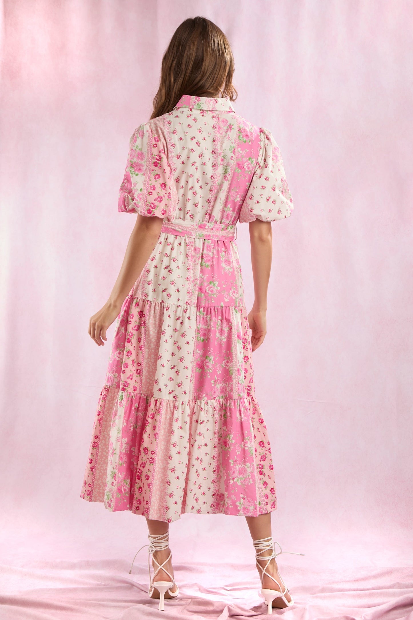 Pink Poplin Floral Patchwork Printed Dress