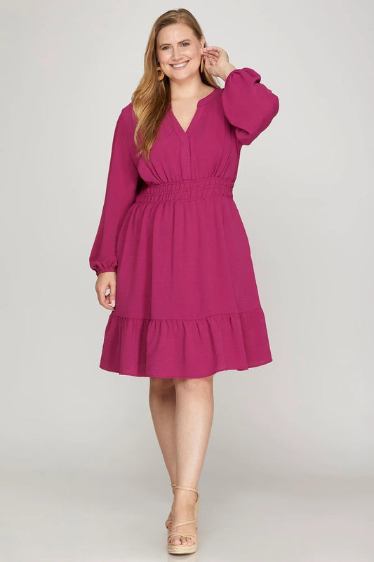 Long Sleeve Elastic Waist Ruffle Hem Dress - Berry