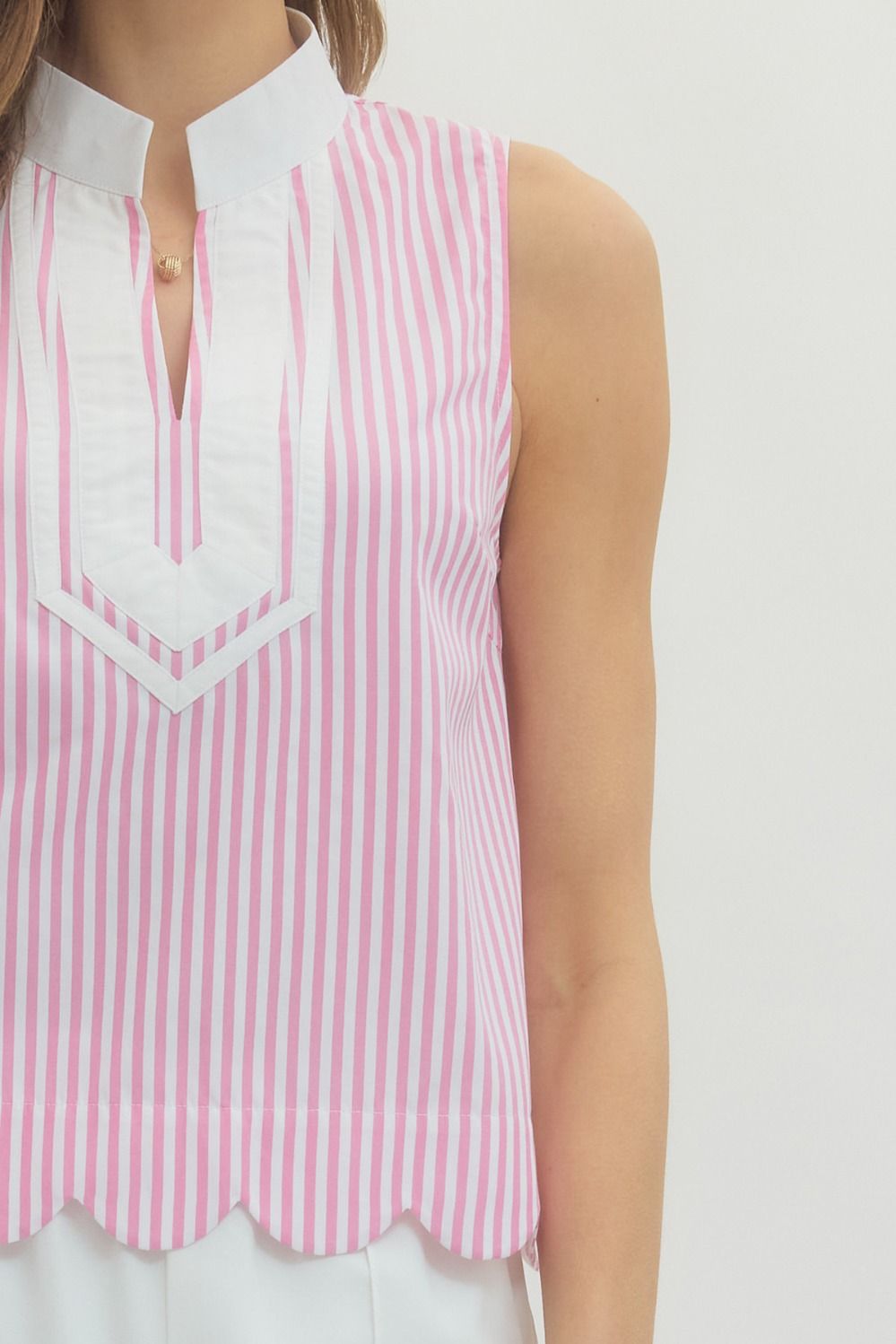 Pink Striped Sleeveless Collared Top