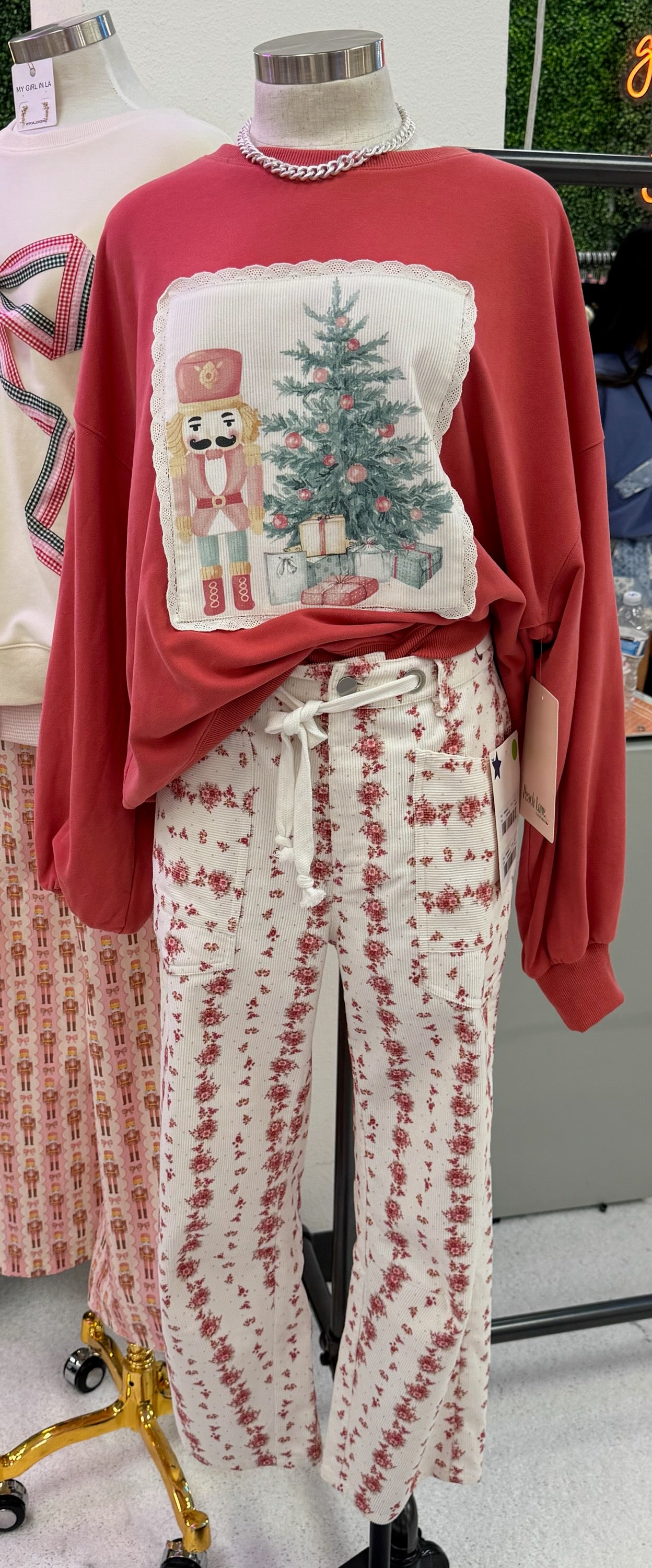 Floral Printed Corduroy Waist Tie Detail Pants