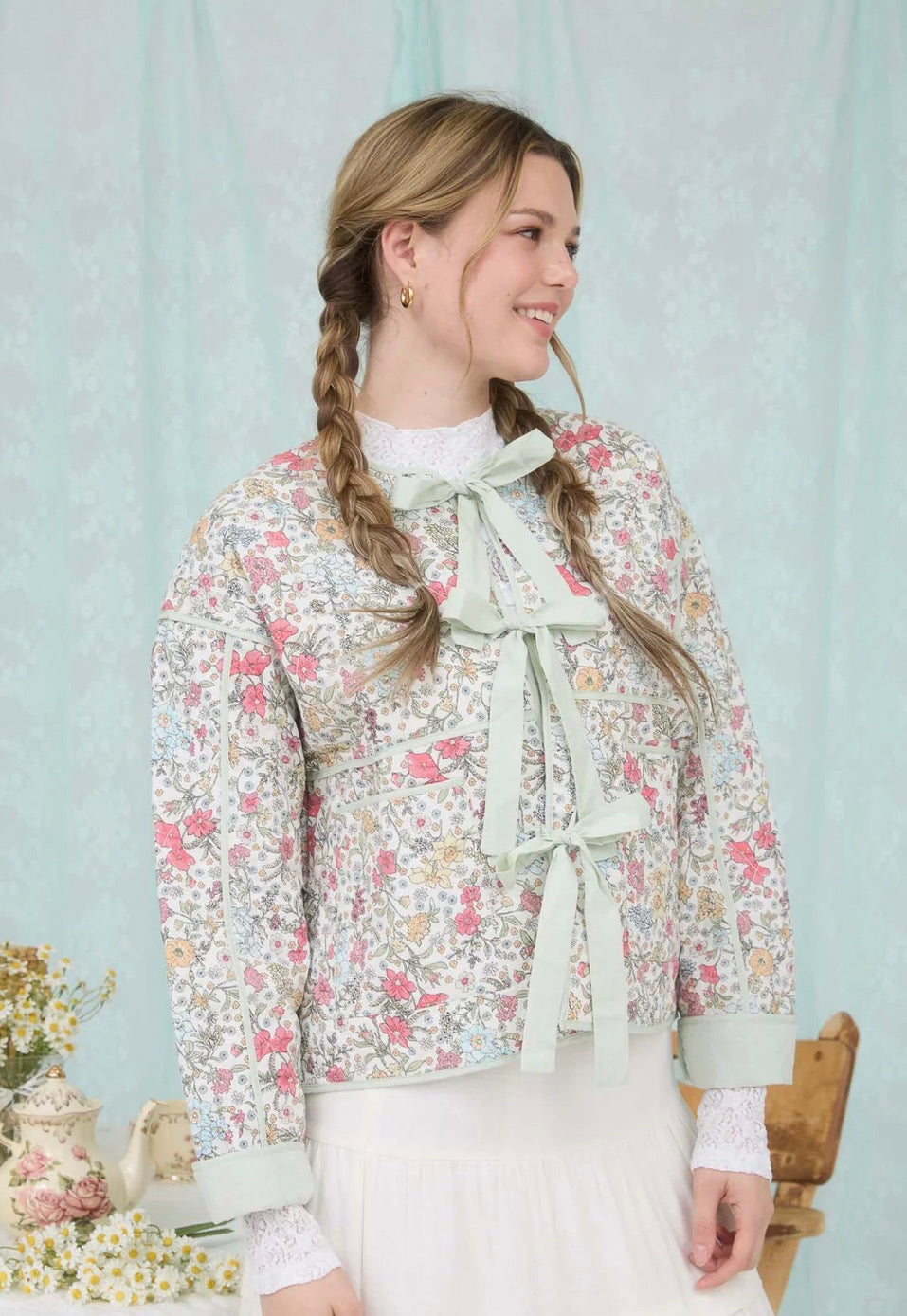 Floral Front Tie Quilted Jacket - Ivory Multi