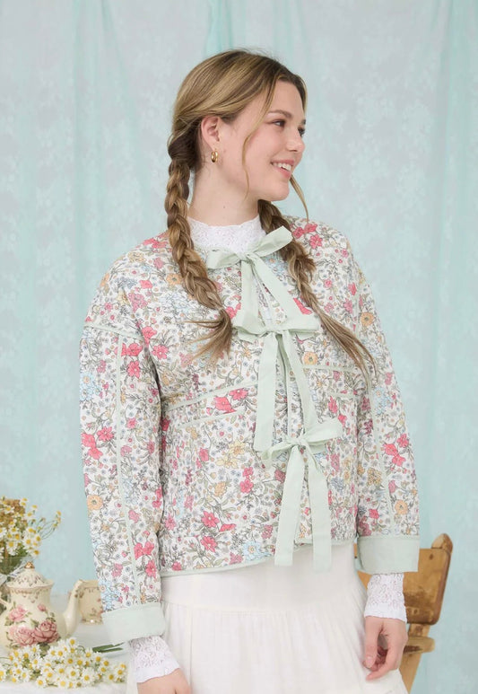Floral Front Tie Quilted Jacket - Ivory Multi