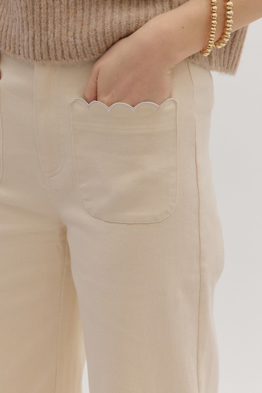 Wide Leg Scallop Trim Pants - Ecru