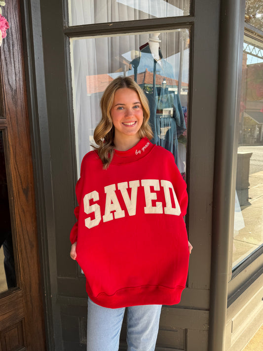"SAVED" Embroidered Mock Neck Sweatshirt- RED with White