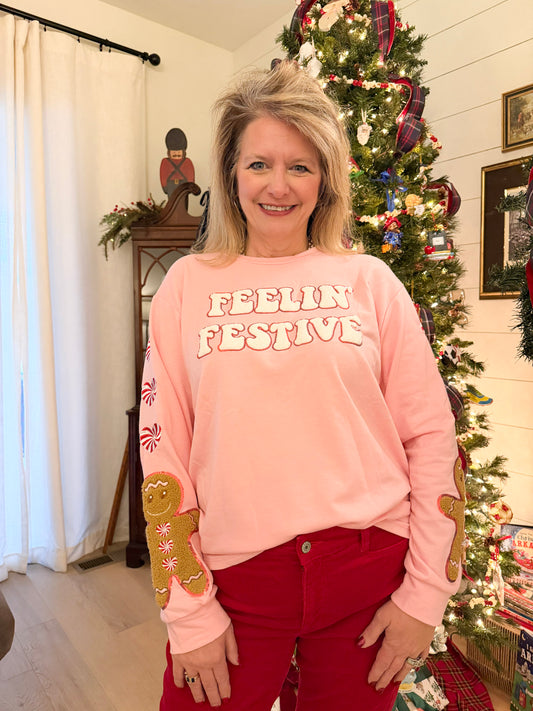 “Feeling Festive” Pink Top With Embroidered Sleeves