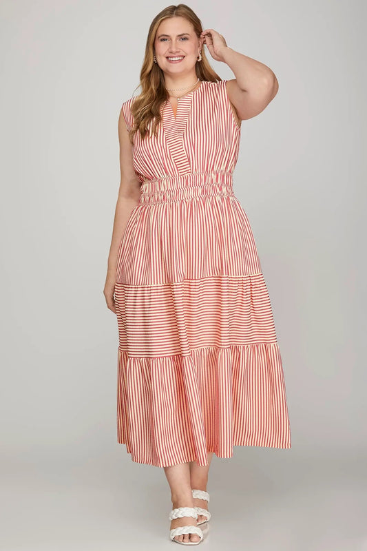 Beautiful Day Sleeveless Striped Midi Dress - Red