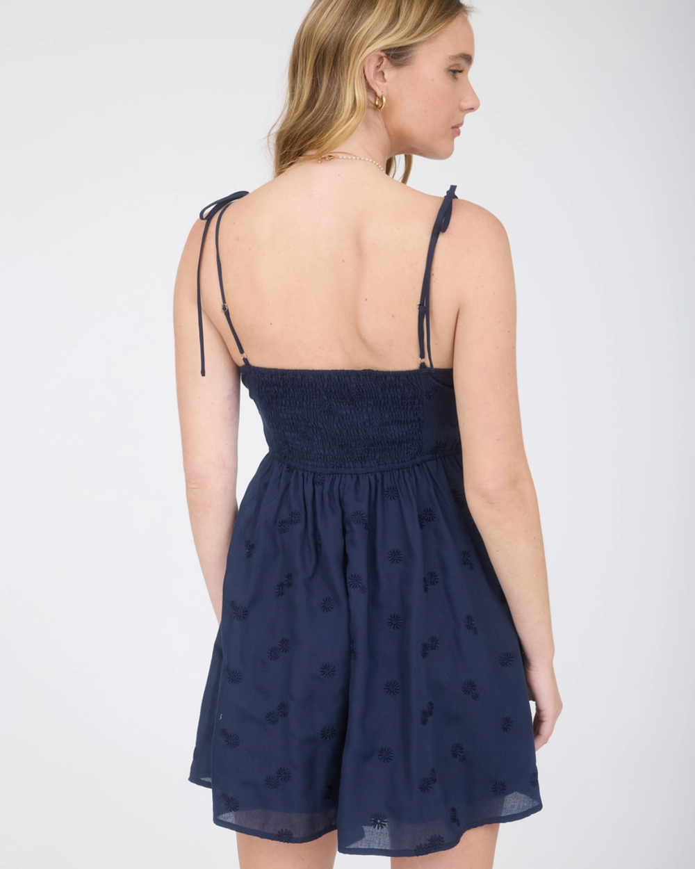 Floral Embroidery Tie Strap Mini Dress - Navy