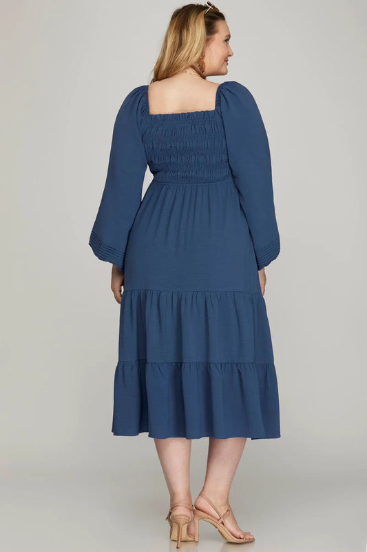 Long Sleeve Smocked Midi Dress - Blue