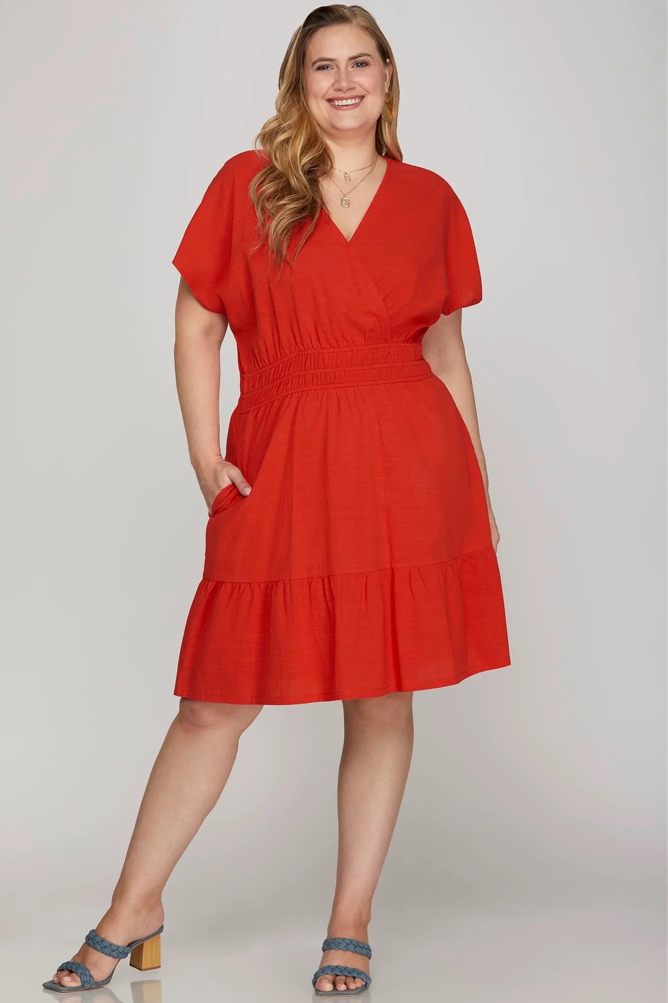 Smocked Waist Tiered Mini Dress - Red