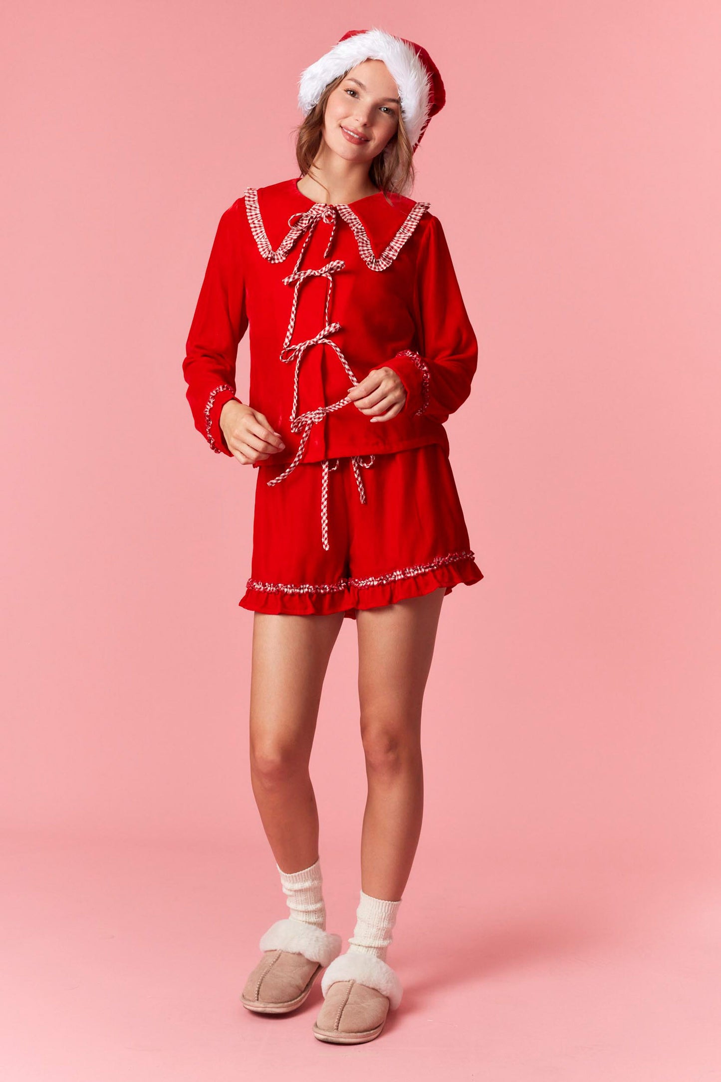 Red Velvet Gingham Ruffled Pj Set