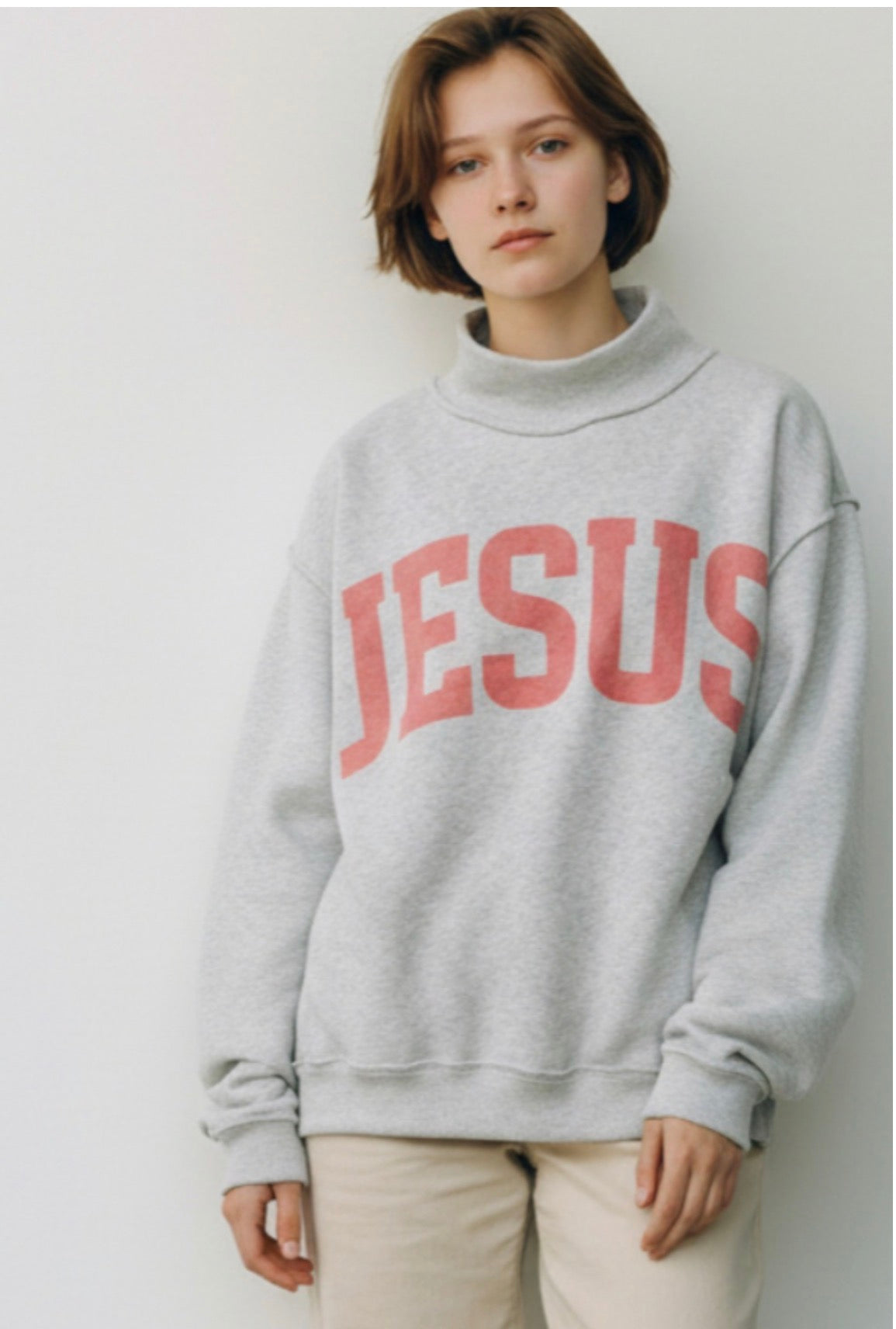 ‘JESUS & GOD IS GOOD’ Reversible Mock Neck Sweatshirt -Pink/Heather Grey