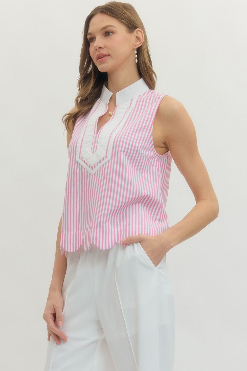 Pink Striped Sleeveless Collared Top