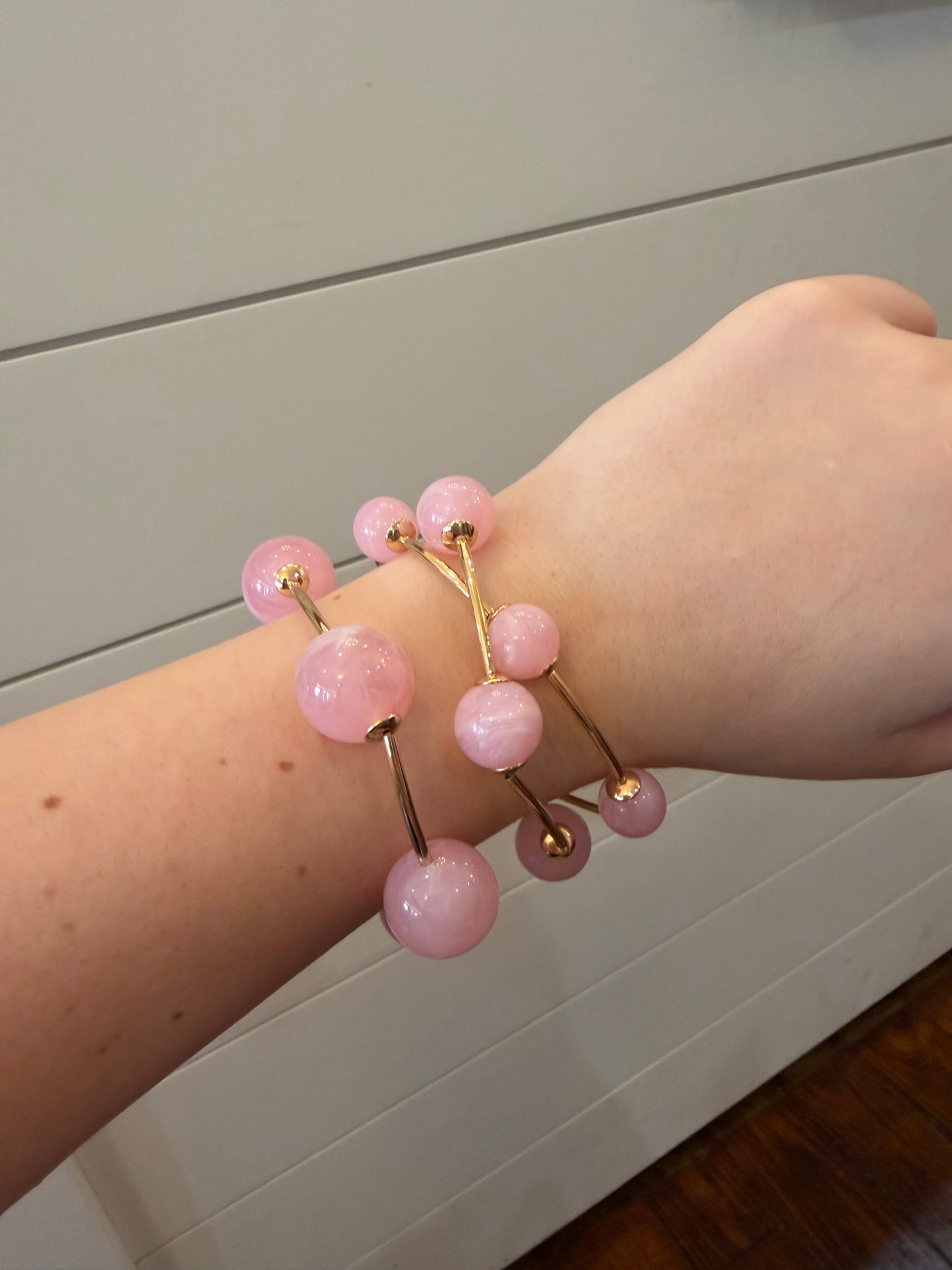 Elastic Bead Gold Detail Bracelet Set Of 3 - Light Pink