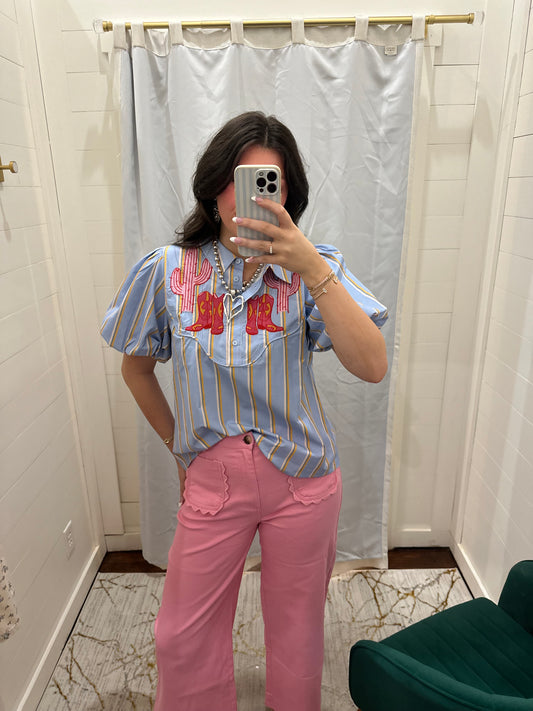 Wide Leg Scallop Trim Pants - Pink