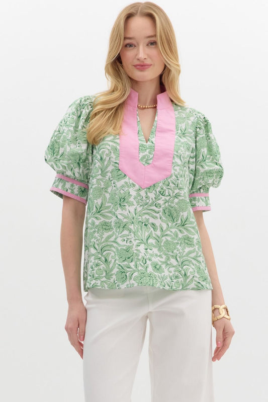 Grandmillennial Puff Sleeve Top - Pink/Green
