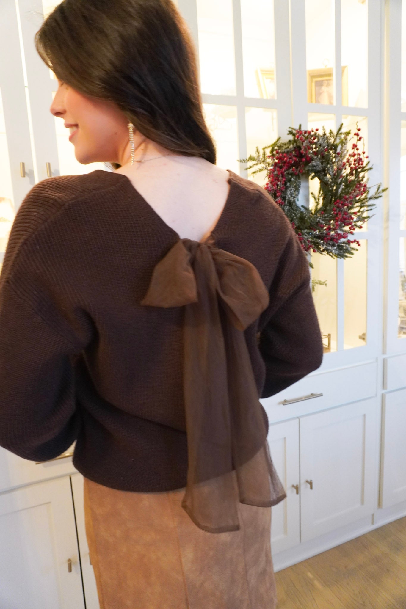 Drop Shoulder Back Bow Detail Sweater -Brown