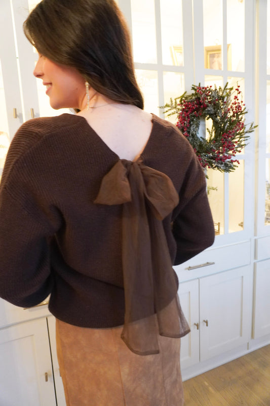 Drop Shoulder Back Bow Detail Sweater -Brown