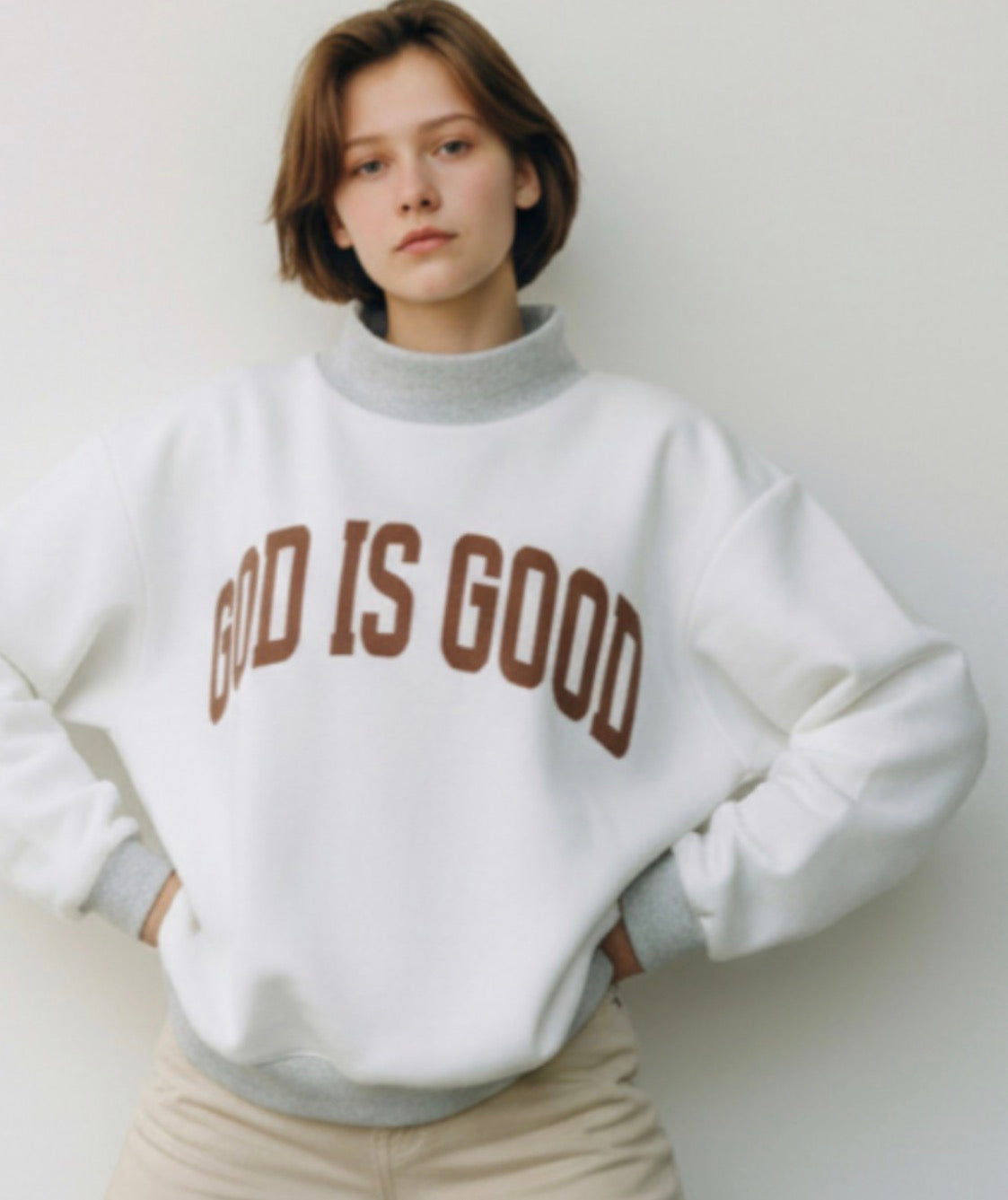 ‘JESUS & GOD IS GOOD’ Reversible Mock Neck Sweatshirt -Pink/Heather Grey