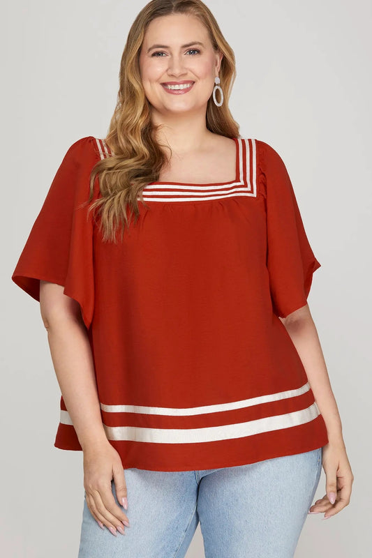 Short Sleeve Contrast Stripe Flared Top