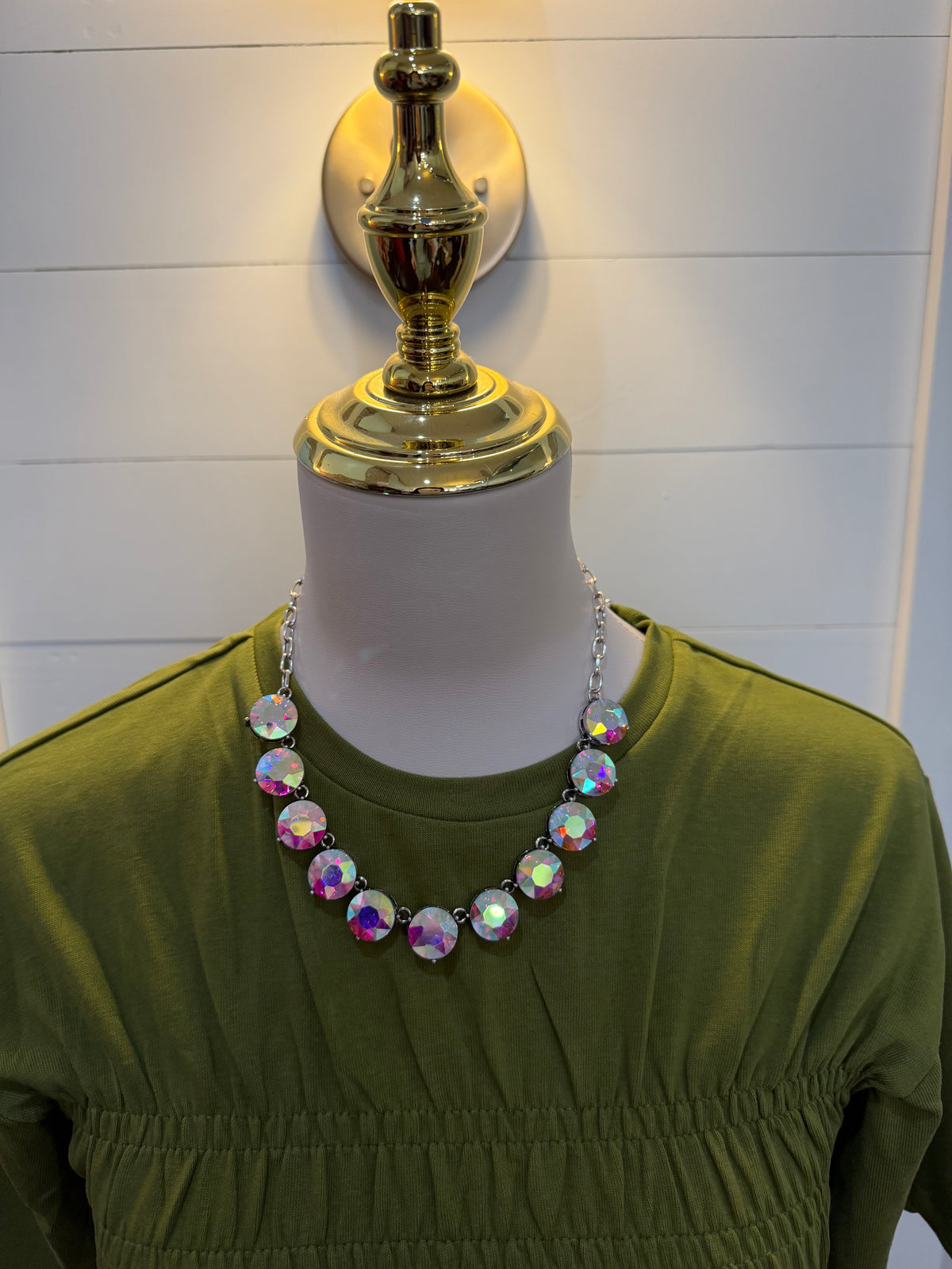 Silver Large Rhinestone Necklace - Iridescent