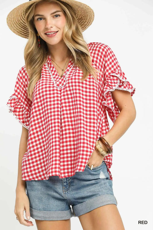Ruffle Sleeve V-Neck Gingham Top - Red