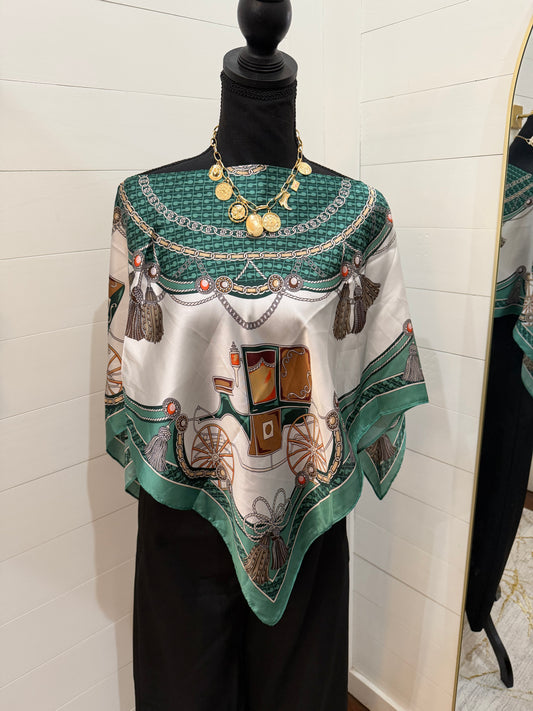 Silk Poncho - Green With Coach And Chains