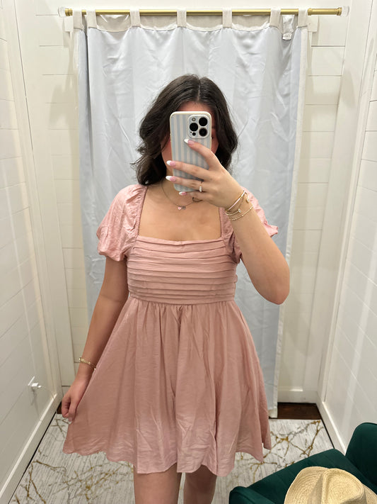 Pleated Top Puff Sleeve Mini Dress - Dusty Peach