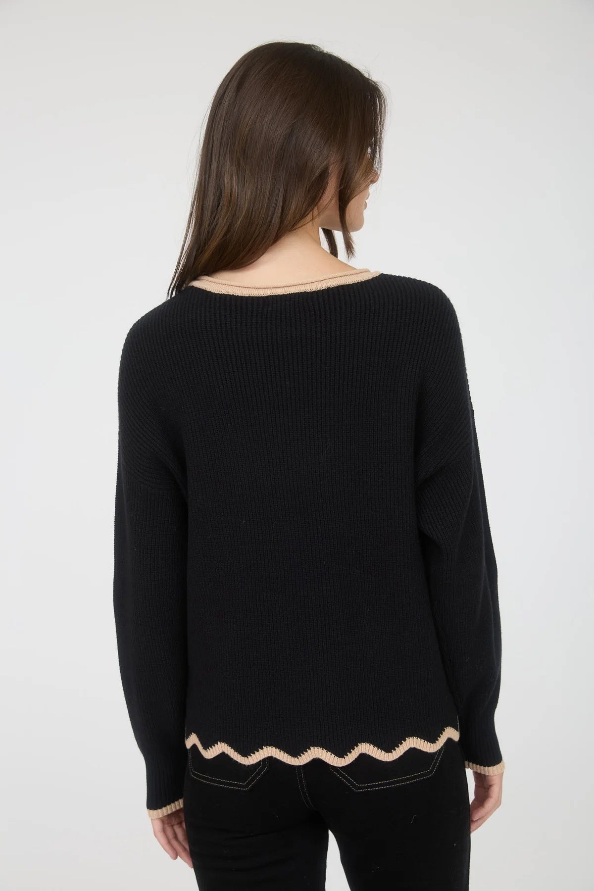 Black Sweater With Scallop Edge Details
